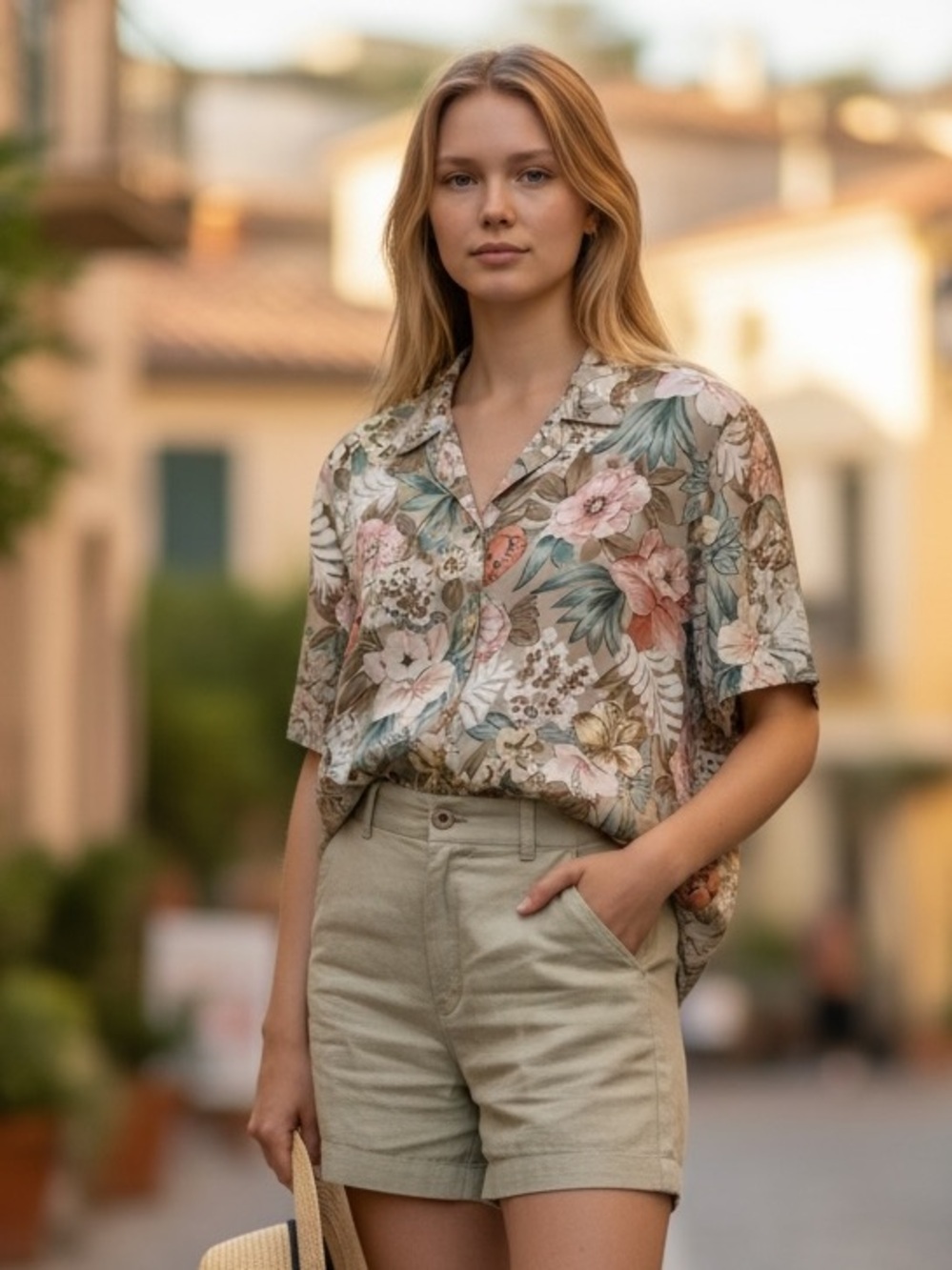 Women’s Silk Short-Sleeve Button Down in Muted Tropical Floral Print
